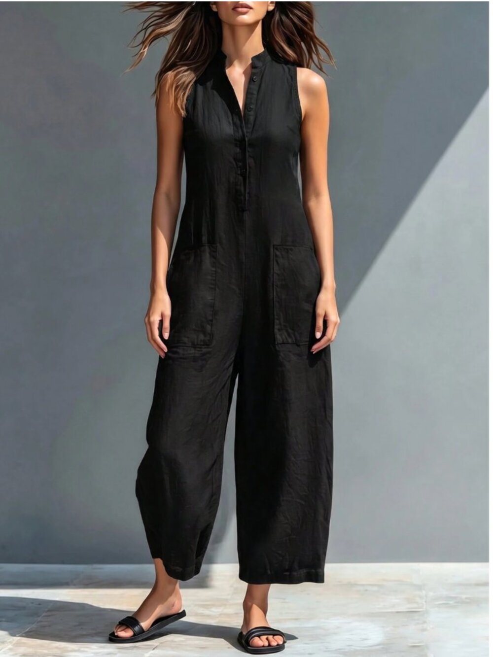 Minimalist Black Sleeveless Wide Leg Jumpsuit Overall - Picture 4 of 8